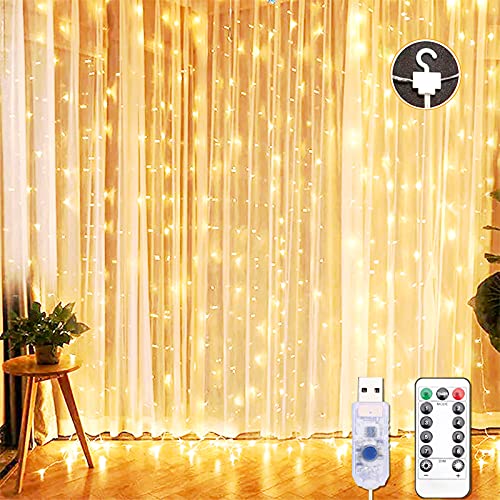 HEKIWAY Vorhang Licht mit Haken 3mX3m, Fairy String Lichter mit Timer 8 Modi, 300LED USB-Stecker Fernbedienung für Schlafzimmer Indoor Outdoor Hochzeit Party Garten Dekoration Cover