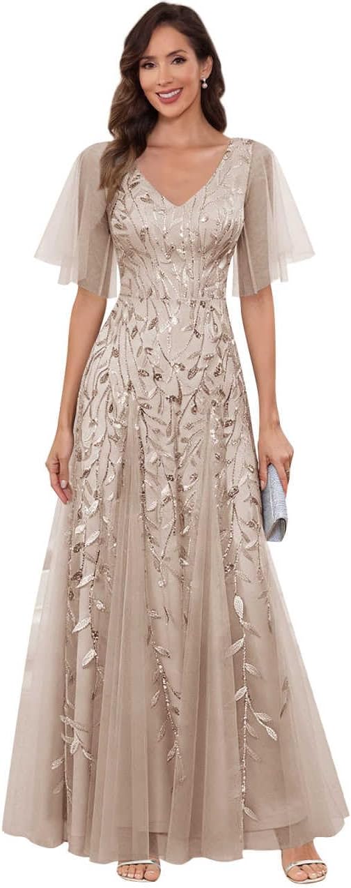 Flutter Sleeve Sequin Mother of The Bride Dresses for Women V-Neck Long Tulle A-line Evening Formal Dress