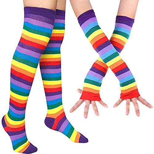 SYSI Womens Stripe Knitted Thigh High Socks, Rainbow Socks Striped Knee High Socks Arm Warmer Fingerless Gloves Socks Set (Purple)