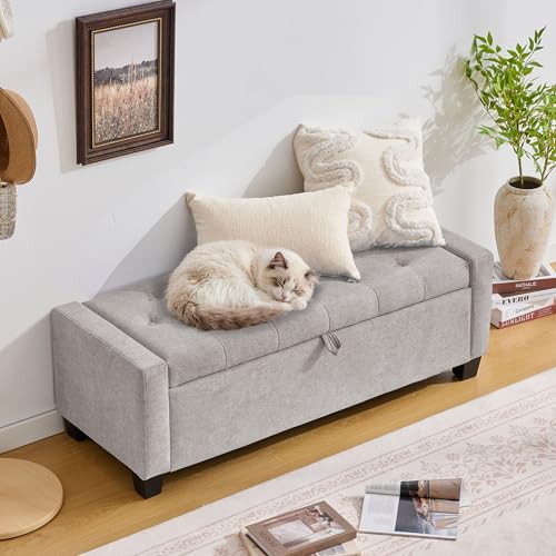 Image of Huatean Home 43 inch Ottoman with Storage, Storage Ottoman Bench with Safety Hinge, Upholstered Entryway Bench with Seating for Bedroom, Living Room, Holds up to 330 lb(Light Gray)