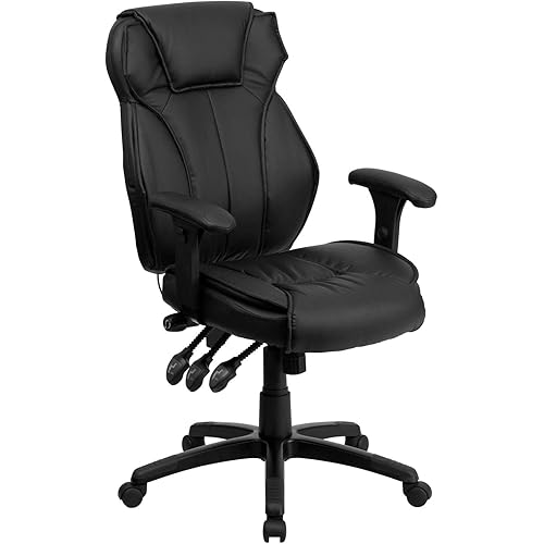 Flash Furniture High Back Black LeatherSoft Multifunction Executive Swivel Ergonomic Office Chair with Lumbar Support Knob with Arms