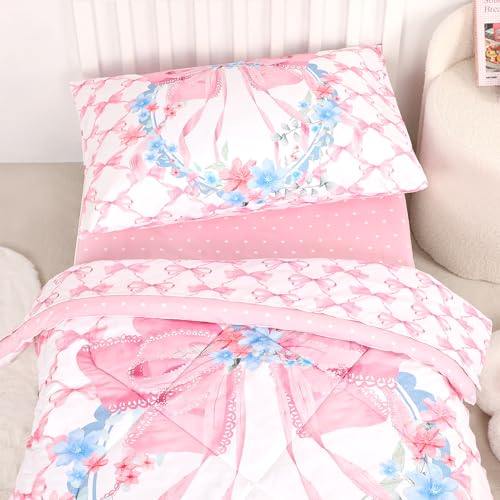 Image of Toddler Bedding Set for Girls, 4 Piece Toddler Bedding Sets Pink Toddler Bed Comforter Set Includes Soft Reversible Comforter, Fitted Sheet, Flat Sheet, Envelope Pillowcase, Cute Bow