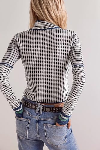 Casual Mock Neck Striped Cropped Sweater for Women Slim Fit Long Sleeve Plaid Pullover Sweater Color Block Knit Tops3