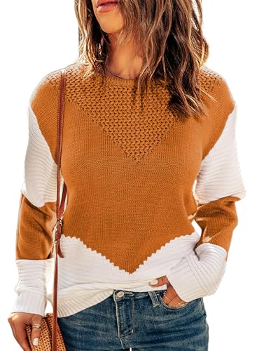 Dokotoo Womens Crochet Crewneck Long Sleeve Pullovers Color Block Tunic Ribbed Sweaters Jumper Tops