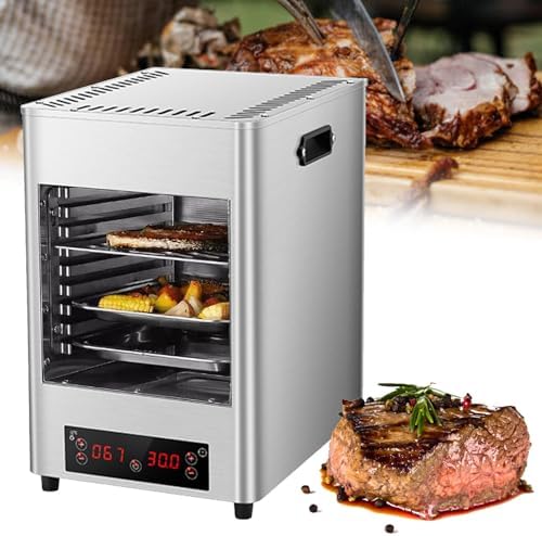 Portable Electric Steak Broiler Oven, 8-Layer Countertop Grill with 30-Minute Timer, Adjustable Temp 100-800℃, Ideal for Grilling, Broiling, & BBQ, Sleek Metallic Design