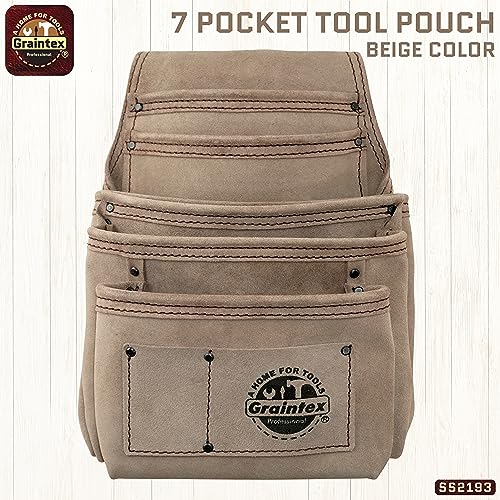 Graintex 7 Pocket Nail & Tool Pouch, Beige Color Suede Leather Tool Bag, Tool Belt for Constructors, Electricians, Handymen, HVAC Tools, Professional Organizer with Adjustable Fit (Beige) by Graintex - Used condition - Image 2