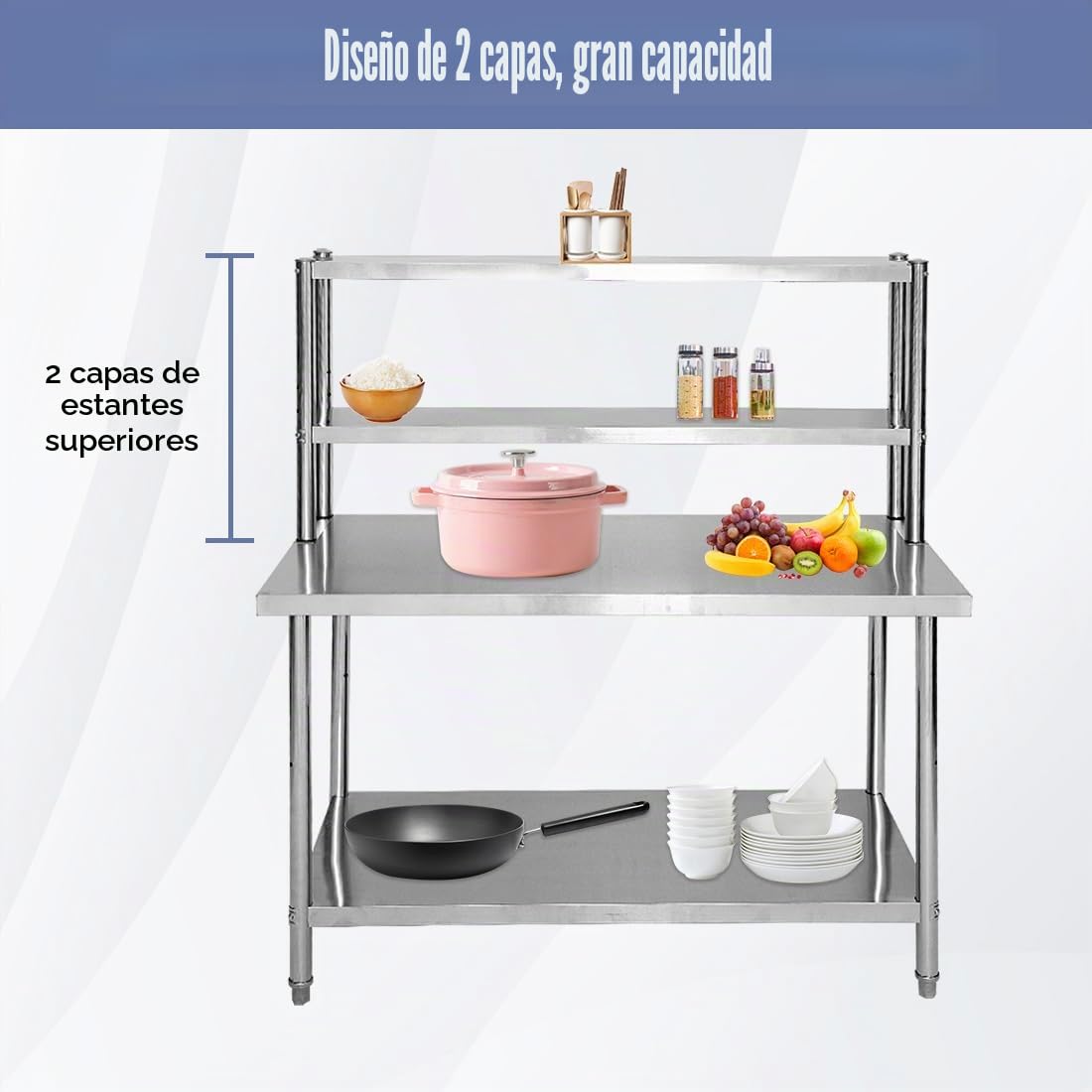 Mesa de Trabajo de Acero Inoxidable Ajustable, Desmontable para Preparación de Cocina - 120 x 60 x 80 cm