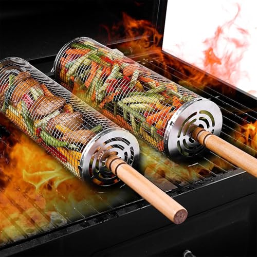 LATERN 2Pcs Nesting Grill Baskets, 304 Stainless Steel Rolling Grilling Net Basket Round BBQ Cage with Removable Wooden Handle for Outdoor Camping Picnic Grill Sausage Meat Vegetables Shrimp Fish