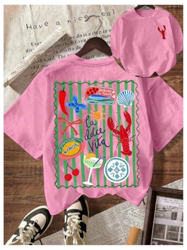 Image of RoseSeek Women's Graphic Letter Tee Crew Neck Trendy Summer Vintage T Shirt