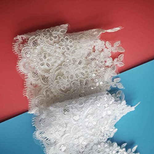 1Yard White/Ivory Cording Fabric Sequins Flower Venise Venice Mesh Lace Trim Applique Sewing Craft For Wedding Decor #TOP6