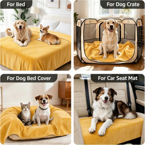 Image of LOOBANI Waterproof Pet Blanket for Couch, Throw Size 50 inchx60 inch, Yellow | Double-Side Flannel Reversible, Liquid Pee Proof Stain-Proof for Furniture Protection, Ideal for Medium Large Dogs Bed Crate
