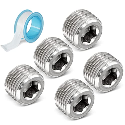 LifCratms 3/8 NPT Male Plug 304 Stainless Steel Internal Hex Thread Pipe Plug Socket Kit (Pack of 5)