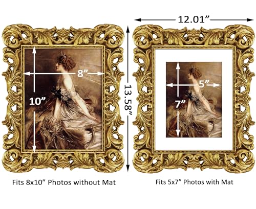 Image of Gold Frames 8x10 Vintage Ornate Picture Frame Antique Baroque | Real Glass, Wall or Tabletop Display, Fits 8x10 or 5x7 Photo with Mat