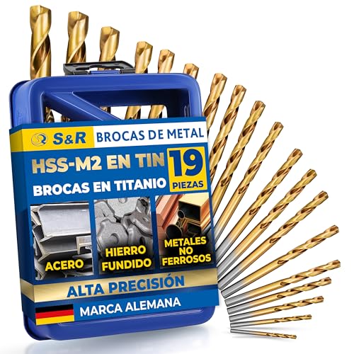 S&R Juego de Brocas HSS Titanio Metal 1-10 mm 135 ° serie TM DIN 338. Set de 19 Profesionales en Caja