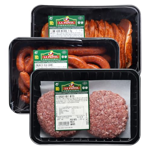 EMBUTIDOS LA PEPITA – Pack Familiar: Longaniza Fresca Roja 1,2 kg + Lomo Adobado 1,2 kg + Burger Meat Mixta (10 uds.) | Envasado en Atmósfera Protectora | Conservar 0–4 ºC | Cocinar antes de consumir