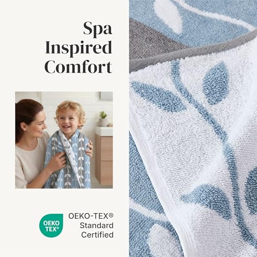 Image of Modern Threads 6 Piece Bath Towel Set - Bathroom Set with 2 Bath Towels, 2 Hand Towels, and 2 Wash Cloths - 100% Cotton, Super Absorbent & Extra Soft - Reversible Natural Vine (Blue)
