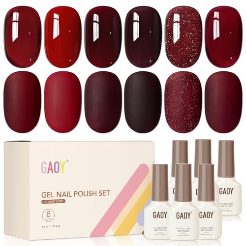 GAOY Red Gel Nail Polish Set 6 Colors Burgundy Cherry Jelly Glitter Dark Red UV Cure Gel for DIY Manicure at Home