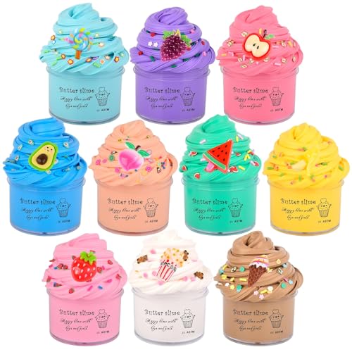 Image of Premium Scented Butter Slime,10 Pack Slime,with Peach Charm,Watermelons,Apples and More Charms,10 Fun Add Ins,Pre-Made Slime for Kids,Great 6 Year Old Toys,Super Soft Sludge Toy.Super Mini