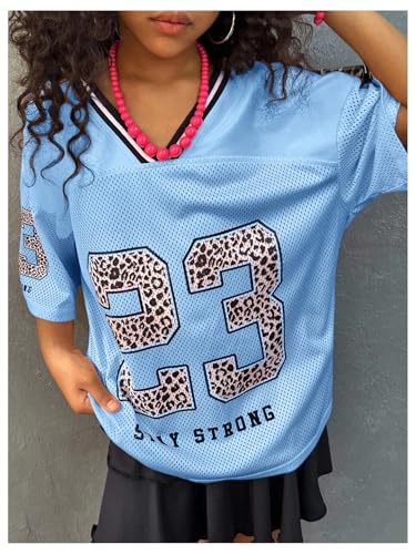 Image of BEAUDRM Girl's Jersey Shirts Leopard Number Print Jersey Shirt Cheetah V Neck Half Sleeve Oversized Tee Tops