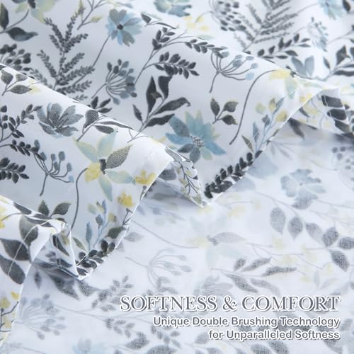 Image of Mooreeke Cozy Vintage Microfiber Printed King Sheet Set - Soft Breathable Percale Cotton Floral Bed Sheets with Deep Pocket - Non-Slip Fitted Design - Yellow Blue Gray Gradient Flowers Pattern