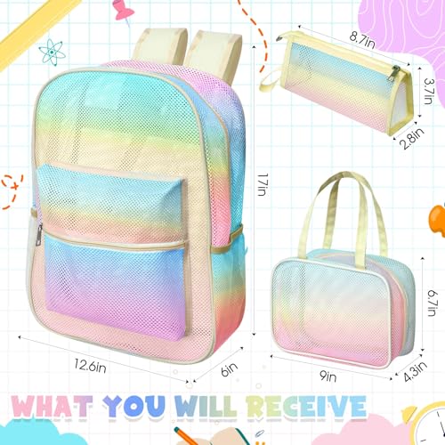 Image of Silkfly 3 Pcs Mesh Backpack Set, Heavy Duty Semi-transparent Bookbag with Lunch Bag Pencil Case for Travel, Beach, Sports