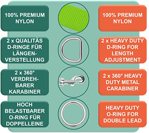 DEY - Premium Hundeleine Nylon 2m | 3fach Verstellbar | für Kleine, Mittelgroße u. Große Hunde | viele Farben |Doppelleine Hund Katze Welpe | Schleppleine |Führ-Leine | Welpenleine | Grün, XS
