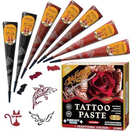 7 Pcs Temporary Tattoo Cone Kit Tattoo Cones 3 Color (2 Black 2 Cherry Red 3 Reddish-Brown) India Body Art Skin Paint Tattoos Paste for Women Men & Teens Perfect for Festivals Party & Gifts