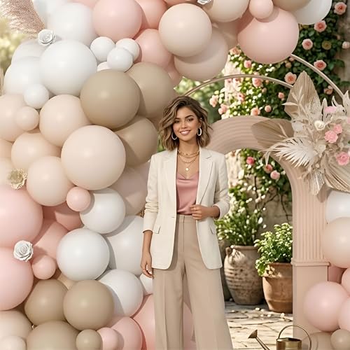 Image of Pink, white, sand white and camel balloon garland for birthday decoration, anniversary theme decoration