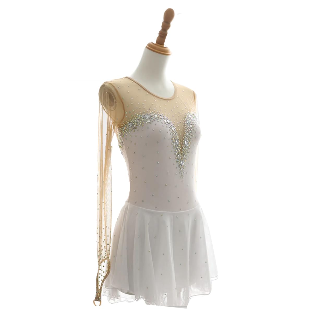 purpleq Damen Eiskunstlauf Kleid Kinder Mädchen Weiß Lange Ärmel Handgefertigter Eislauf Performance Rock Strass Patchwork Kürkleid Kurz Tanzanzug Wettbewerb Tanzkostüm