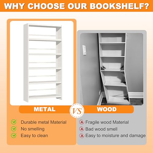 Image of VASAAOSD 5 Tier Book Shelf, 69.3 inch Tall White Bookshelves, Open Metal Bookshelf, Toolless Assembly White Shelves for Home Office, Living Room, Study