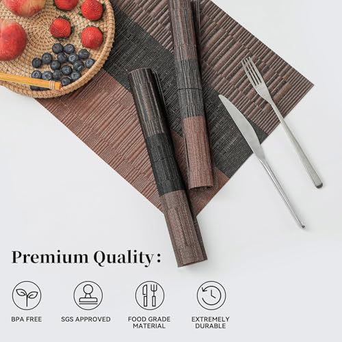 Image of Placemats Set of 6 Dining Table Place Mats | Placemats Table Mat PVC Material | Non-Slip Heat Resistant | Dining Tablemates Washable Anti-Skid | Size 45 x 30cm (Brown & Black Stripe)