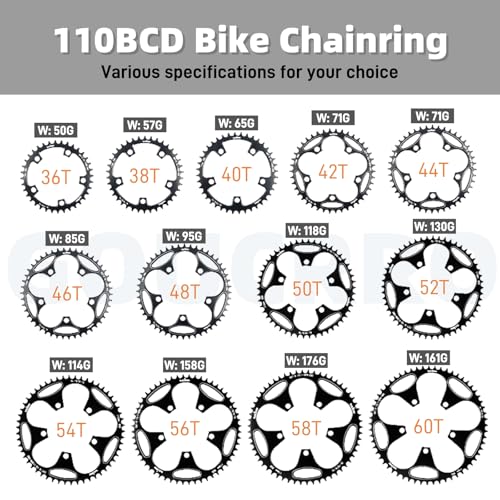 goucrro 110/130 BCD Chainring 36/38/40/42/44/46/48/50/52/54/56/58/60T Round Narrow Wide Bicycle Chainring with 5 Screws for Road Bike Folding Bicycle(Black,110BCD-36T) - Thumbnail 5