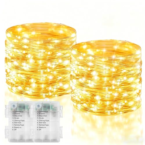 2 Pack Fairy Lights Battery Operated, 200 LED 66Ft Silver Wire Twinkle String Light 8 Modes Auto...