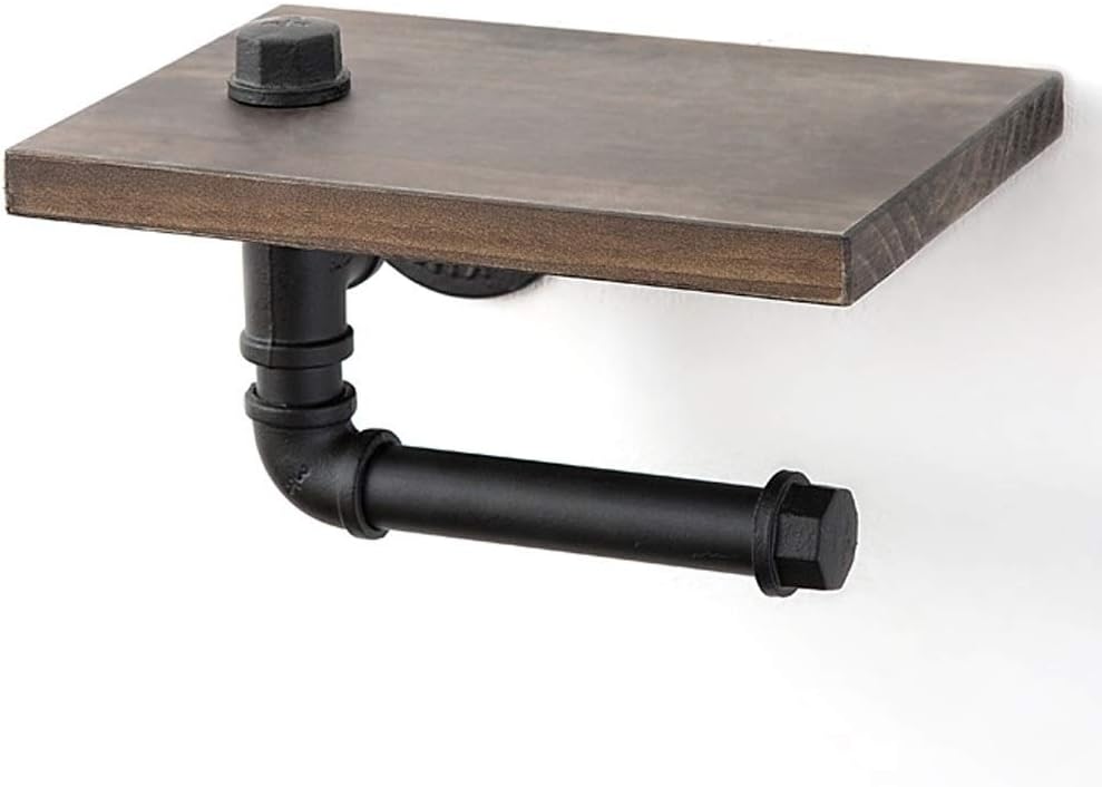 Industrial Pipe Toilet Paper Holder with Wooden Shelf for Bathroom Washroom Wall Mounted Kit Commercial Metal Rustic