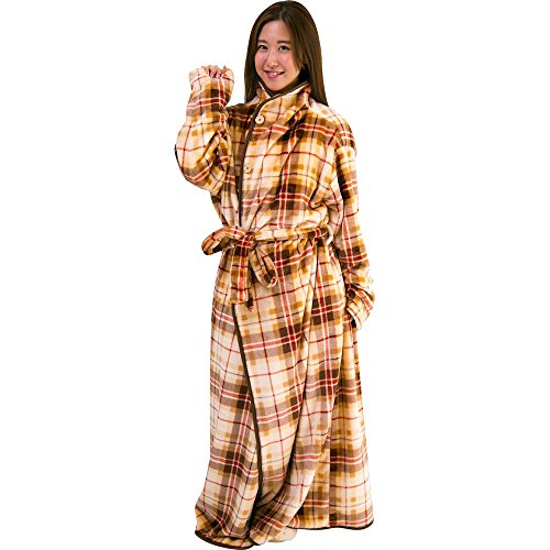 アイリスプラザ fondan 着る毛布 ポケット・ベルト付 特製BOX入り Lサイズ 着丈170cm チェック柄 ベージュ×ブラウン 静電気防止 洗える フランネルマイクロファイバー 部屋着 クリスマス ギフト ルームウェア
