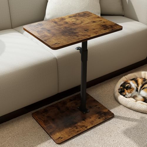 Image of YUHFERA Sofa Armrest Tray Table for Couch - 360 Swivel Height Adjustable End Table for Small Spaces, Snack Side Table for Bed or Chair with Phone & Tablet Slot (Rustic, Enlarged)