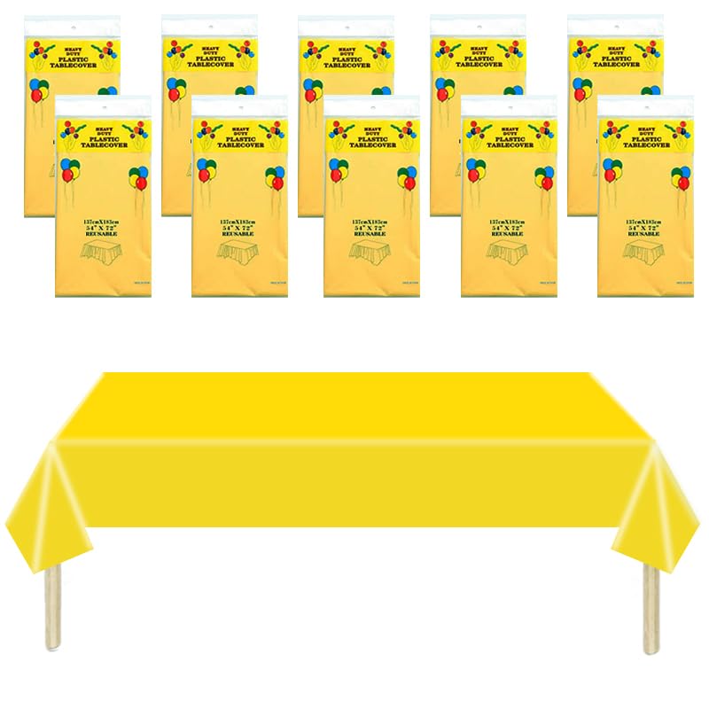 10 Pack Yellow Plastic Tablecloths for Rectangle Tables, 54 x108 Inch Plastic Table Cloths for Parties Disposable for Birthday & Weddings, Table Cover for Christmas and Festivals Party (Yellow)