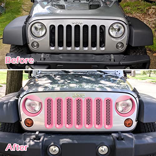 Image of Front Grille Mesh Inserts & Headlight Cover for Jeep Wrangler JK JKU Sport Freedom Rubicon Sahara Unlimited 2007-2018 Exterior Accessories Clip-in Grille Guard Headlight Bezels Trim (Matte Pink)