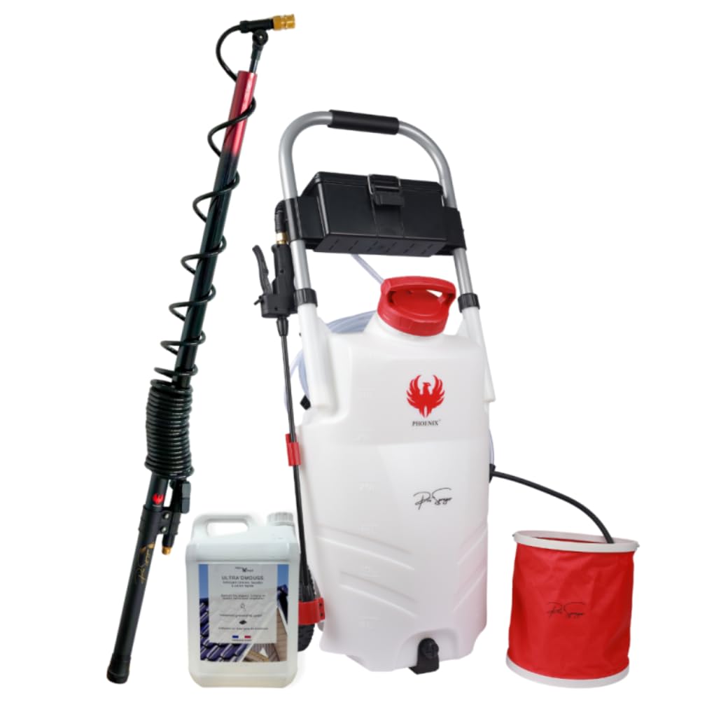 PHOENIX - Pack Pro Sprayer Evo | Pulverisateur Electrique 35L - 2 Batteries + Anti-Mousse 5L/10/20L + Perche Telescopique Evo 5,4m + Jeu de 4 Buses, Idéal pour Nettoyer mousses récalcitrantes (20L)