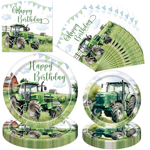 Kit de décorations de fête d'anniversaire en forme de tracteur – 96 pièces de décoration d'anniversaire de voiture comprenant des assiettes en forme de tracteur, des serviettes, de la vaisselle, du