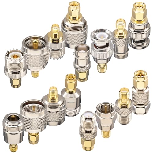 Image of 16-Piece SMA Adapter Kit: SMA to BNC, N, F, UHF (PL259 /SO239) Coaxial Connectors, Gold-Plated Brass RF Adapter Set for RTL-SDR Dongles, Ham Radio Antenna & RF Testing