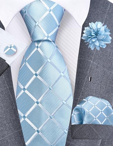 Image of GUSLESON 3.15 inch(8cm) Mens Tie and Lapel Pin Plaid Checkered Necktie Hankerchief Cufflinks Set for Men