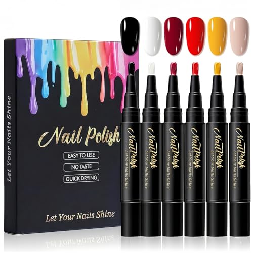NovaCharm Nail Polish Pen Set 6 Colors Quick Dry Nail Art Pens Low Odor Air Dry Nail Paint No UV Lamp Needed Easy Control Brush Tip for DIY Manicure at Home 5ML Each