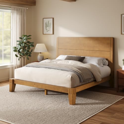 Image of AMERLIFE Solid Wood Full Bed Frame with Headboard, Japanese Joinery, Brown