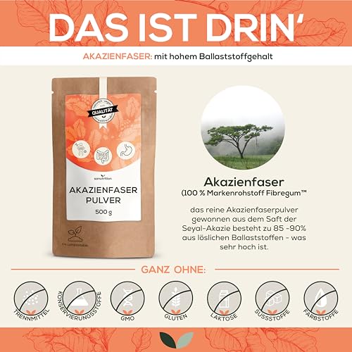 Akazienfaser Pulver | 500 g Beutel |  80% lösliche Ballaststoffe | Markenrohstoff Fibregum™ | Darmflora | vegan, glutenfrei und fructosefrei