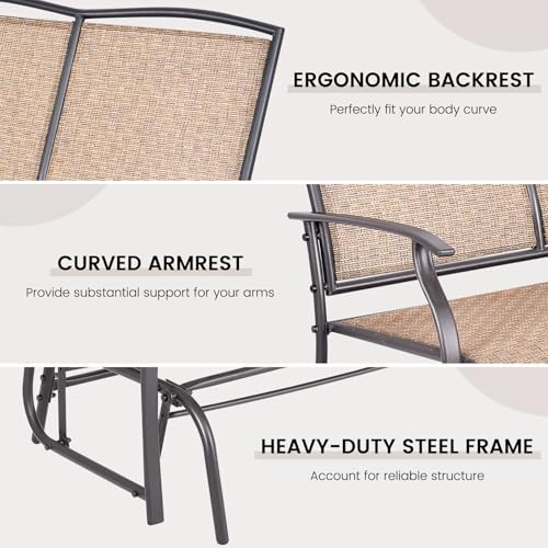 Image of Giantex Patio Glider Bench, 400 Lbs Capacity, Steel Frame, Brown, Outdoor Swing Chair, 2-Person Loveseat, Back Support, Ergonomic Design, Superior Fabric, Natural Style