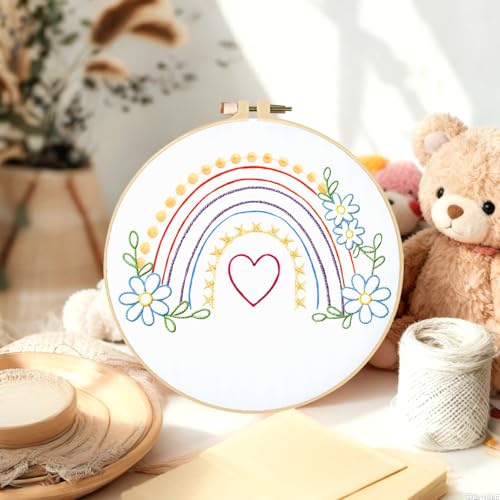 Image of BEUNITONE 6Pcs Easy Embroidery Kit for Adults Beginners, Simple Cross Stitch Starter Set for Beginners, Cute Animal Rainbow Butterfly DIY Craft Activity for Home Decor and Festival Gifts 20x20cm