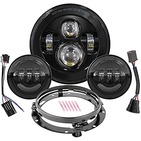 7 Inch Round LED Headlight Bulb kit With 4.5 Inch Passing Lamps Fog Lights Mounting Ring For Street Glide Ultra Classic Road King Electra Glide Heritage Softail Slim Deluxe Fatboy Tri CVO (Black) Cover