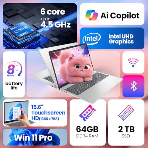 Image of HP 2025 15.6 inch Touchscreen Business Laptop, 13th Gen Intel Core i3-1315U (Up to 4.5GHz), 64GB RAM, 1TB SSD, Wi-Fi 6, BT 5.3, Windows 11 Pro Laptops Computer, w /Accessories