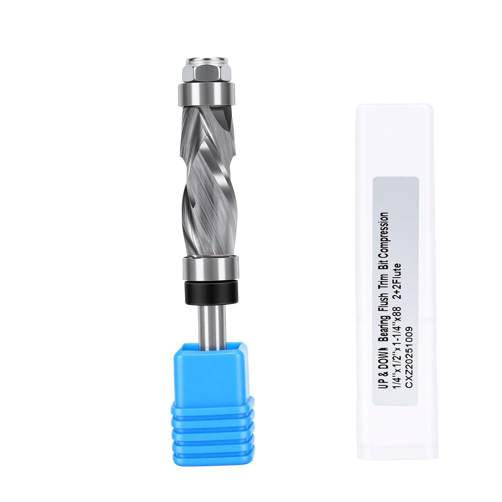 Punta per Fresa con Rifinitura a Filo a Compressione, Gambo da 1/4", Diametro di Taglio da 1/2", Lunghezza di Taglio da -/4", con Cuscinetti Superiori e Inferiori